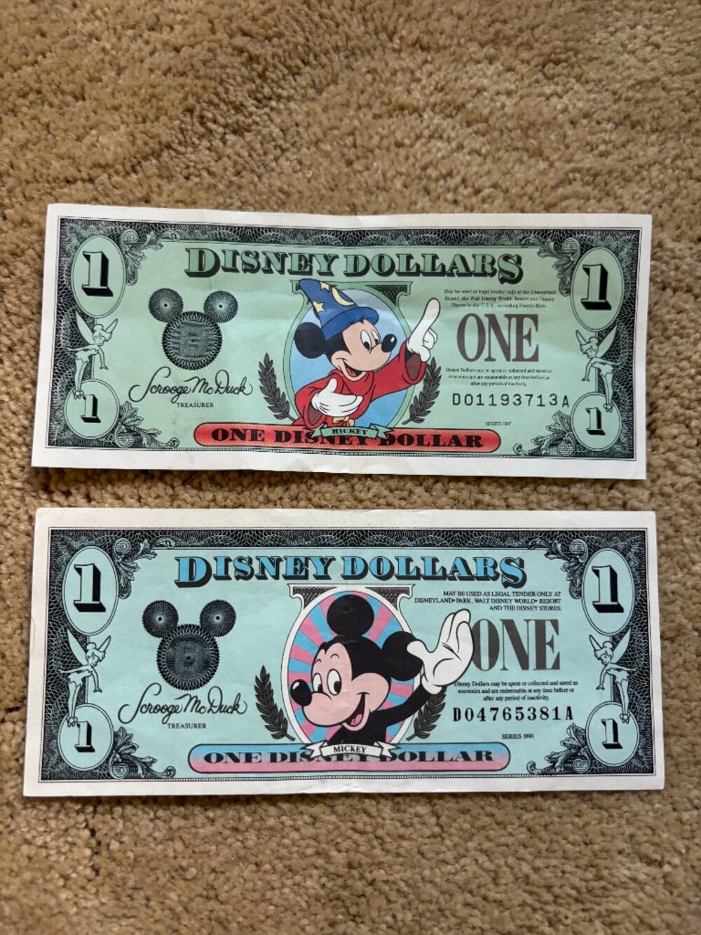 Lot of 2 Disney Dollars - 1990 and 1997 D Series $1 Bills